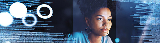 Woman looking at a Bell Security Unified Response Environment screen.