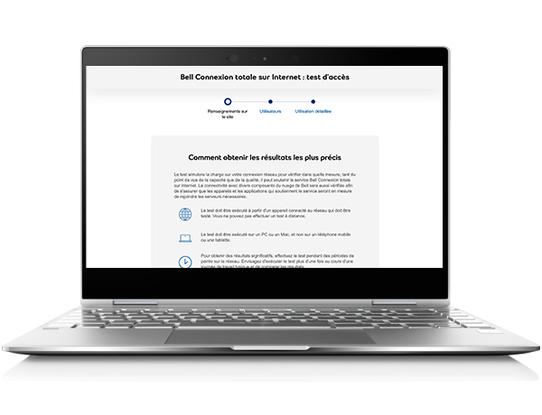 Ordinateur portable utilisé pour évaluer la connexion Internet au moyen de l’outil de test d’accès qui simule la charge sur le réseau et valide sa capacité.